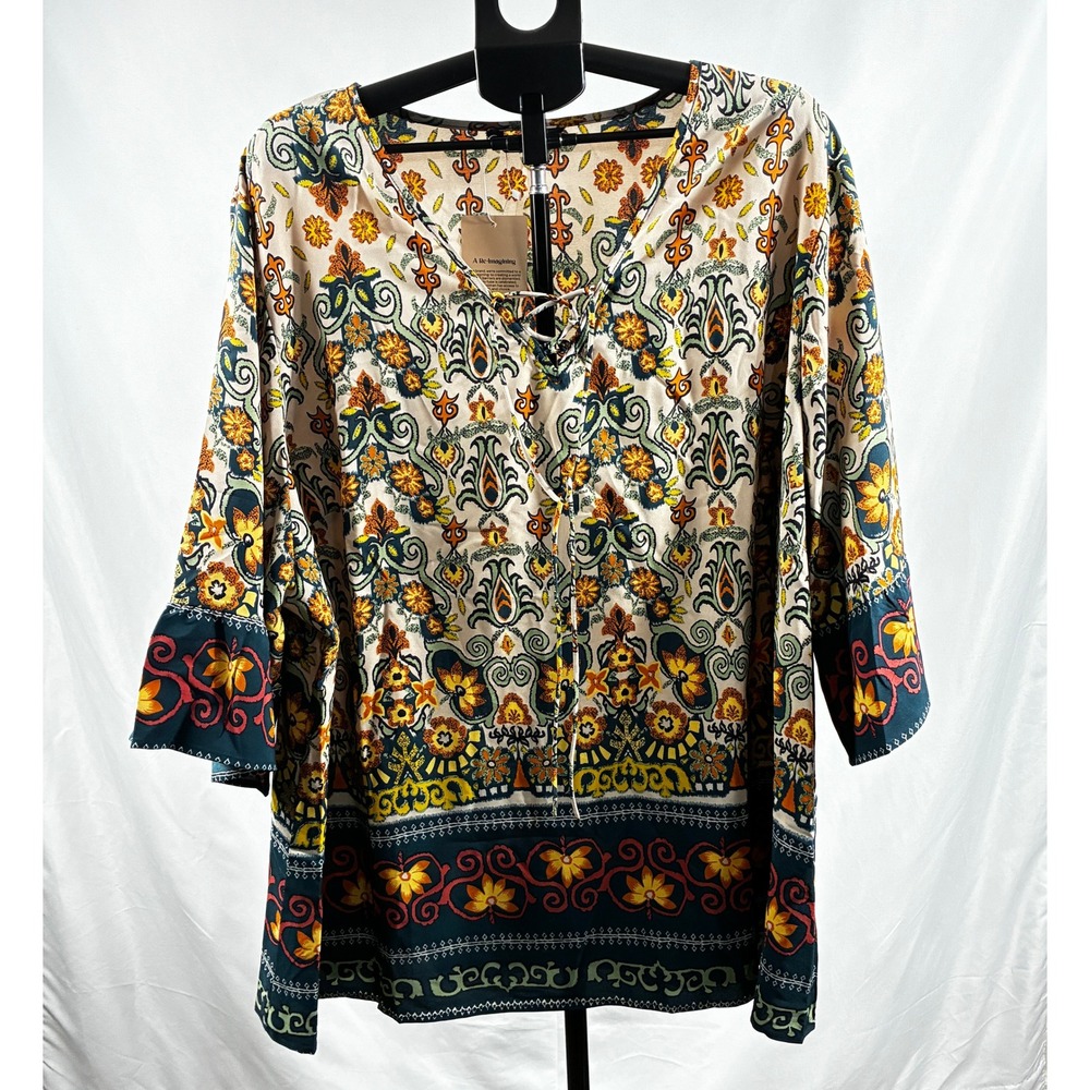 Bloomchic Boho Paisley Floral Lace Up Tunic Top Plus Size 28 NWT Multicolor Folk - Picture 2 of 16